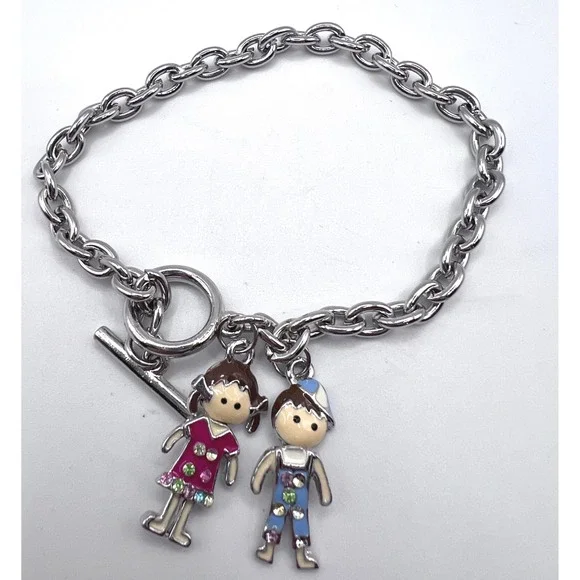 Articulated Boy & Girl Charm Bracelet Silver Tone 8" Toggle Closure - Picture 1 of 5